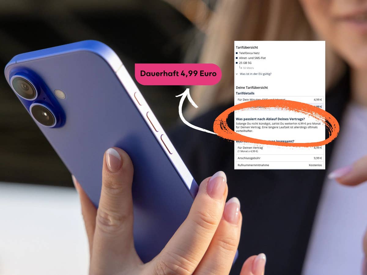 Nahaufnahme: Eine Frau benutzt ein iPhone; eingeblendet sind Tarifinformationen zu einem Tarif, der dauerhaft 4,99 Euro kostet