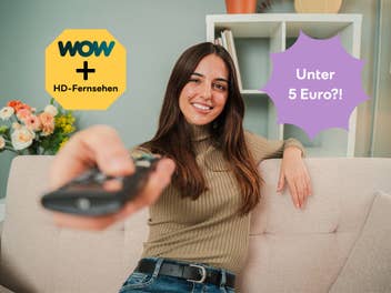 Frau schaltet Fernseher ein, daneben der Hinweis auf ein aktuelles Angebot mit HD-Fernsehen und WOW für unter 5 Euro