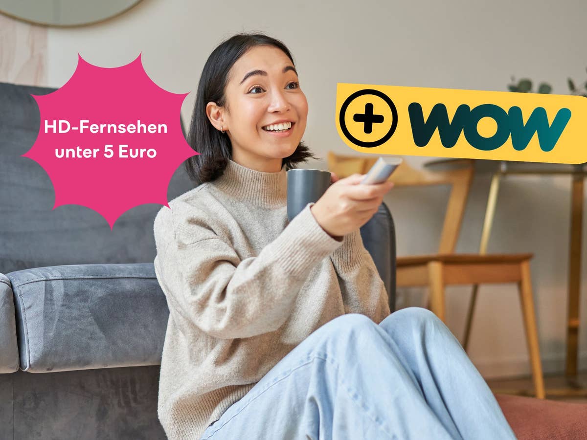 Frau schaut Fernsehen, daneben der Hinweis auf ein aktuelles HD-Fernsehen Angebot inklusive WOW-Paket für unter 5 Euro