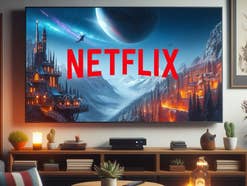 Netflix-Logo auf einem Fernseher in einem Wohnzimmer.