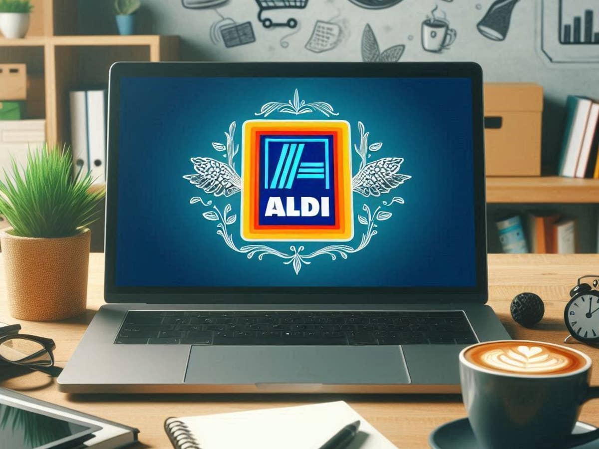 Notebook mit einem Logo von Aldi auf dem Display.