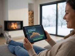 Eine Frau die ihre smarte Heizungssteuerung auf einem Tablet betrachtet
