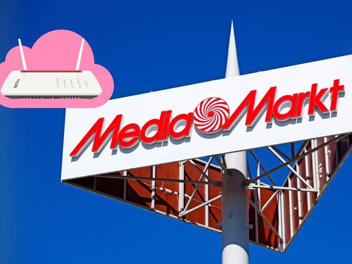 highspeed-ohne-kabel-fritzbox-bei-mediamarkt-zum-tiefstpreis MediaMarkt-Logo vor Blauem Himmel, oben links ein FRITZ-Router