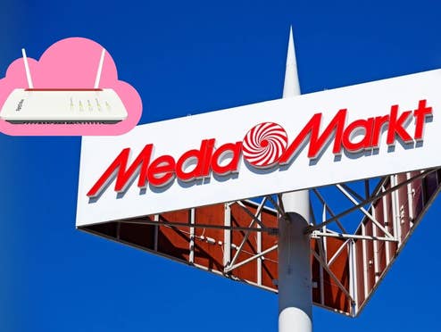 MediaMarkt-Logo vor Blauem Himmel, oben links ein FRITZ-Router