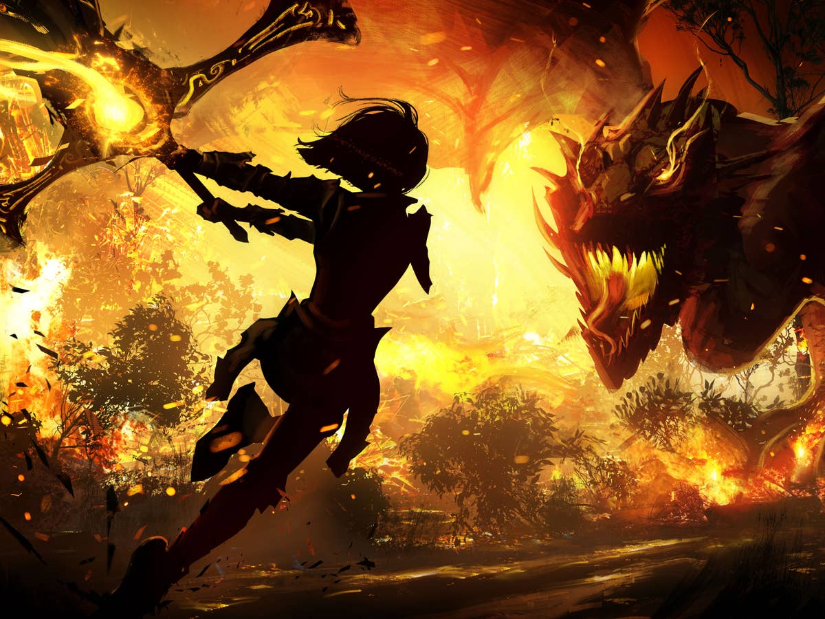 Fantasy Kämpferin mit Drachen Frau schwingt Schwert vor Flammen erfülltem Hintergrund mit Drachen