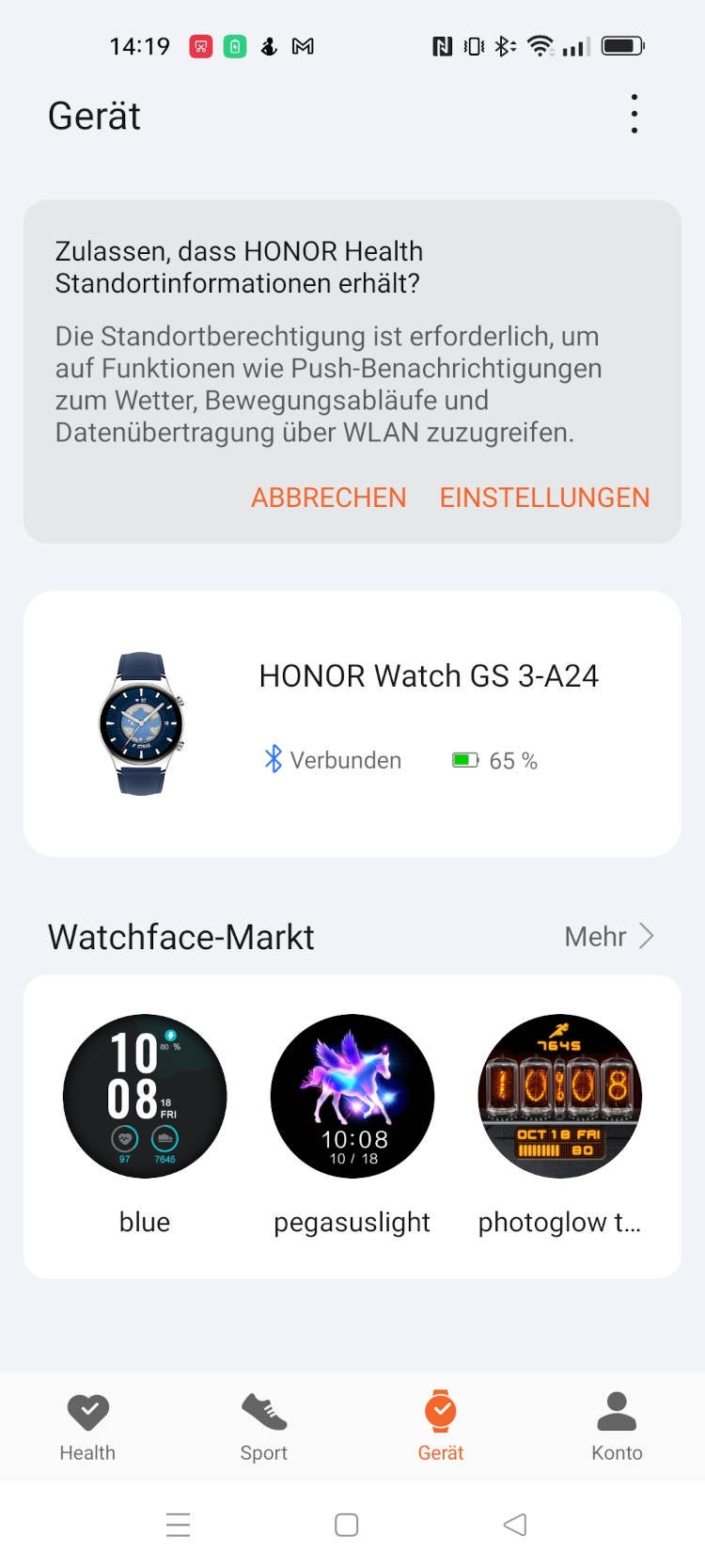 Geräte-Übersicht in der Honor Health App.