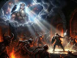 Ein nordischer Gott blickt auf einen menschlichen Helden herab, der gegen seine Feinde kämpft.