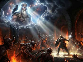 Ein nordischer Gott blickt auf einen menschlichen Helden herab, der gegen seine Feinde kämpft.