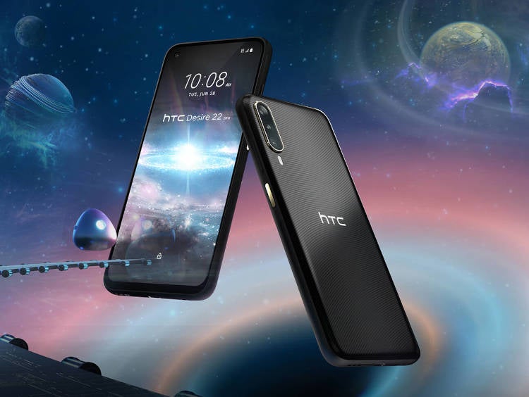 HTC Desire 22 pro Front und Rückseite vor Weltraum-Hintergrund