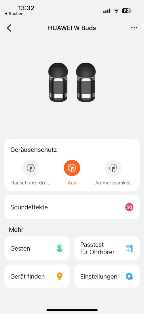 Einstellungsmöglichkeiten zu den Kopfhörern der Huawei Watch Buds in der Huawei Health App.