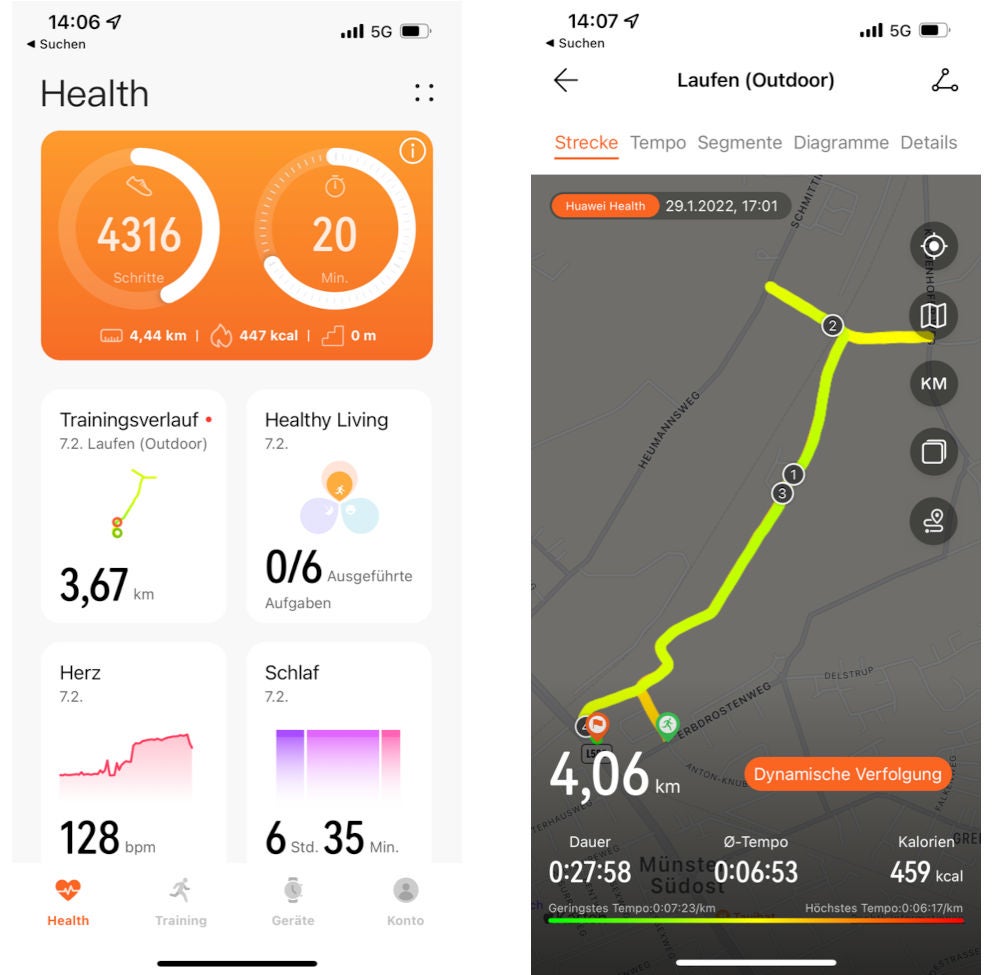 Screenshots aus der Huawei Health App im Februar 2022.