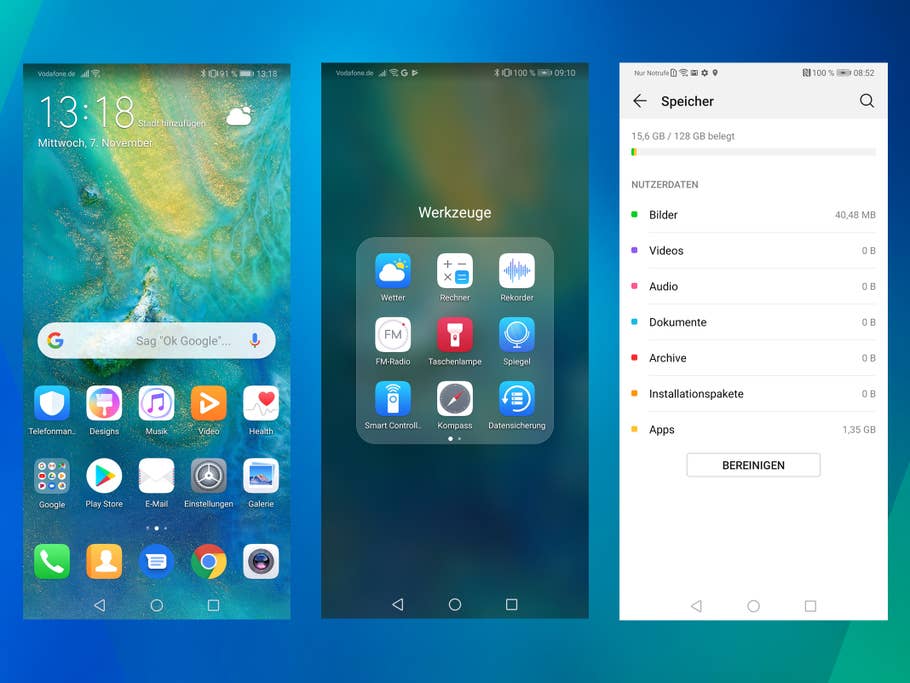 Homescreen, nützliche Helfer-Apps und Speicherverwaltung des Mate 20.