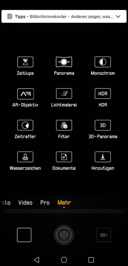 Die unterschiedlichen Modi der Kamera-App des Huawei Mate 20 X