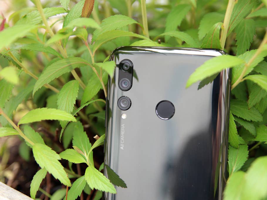 Die Rückseite des Huawei P smart+ 2019 vor grüner Pflanze