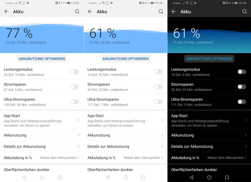Screenshots des Akkuverbrauchs des Huawei P30 Pro