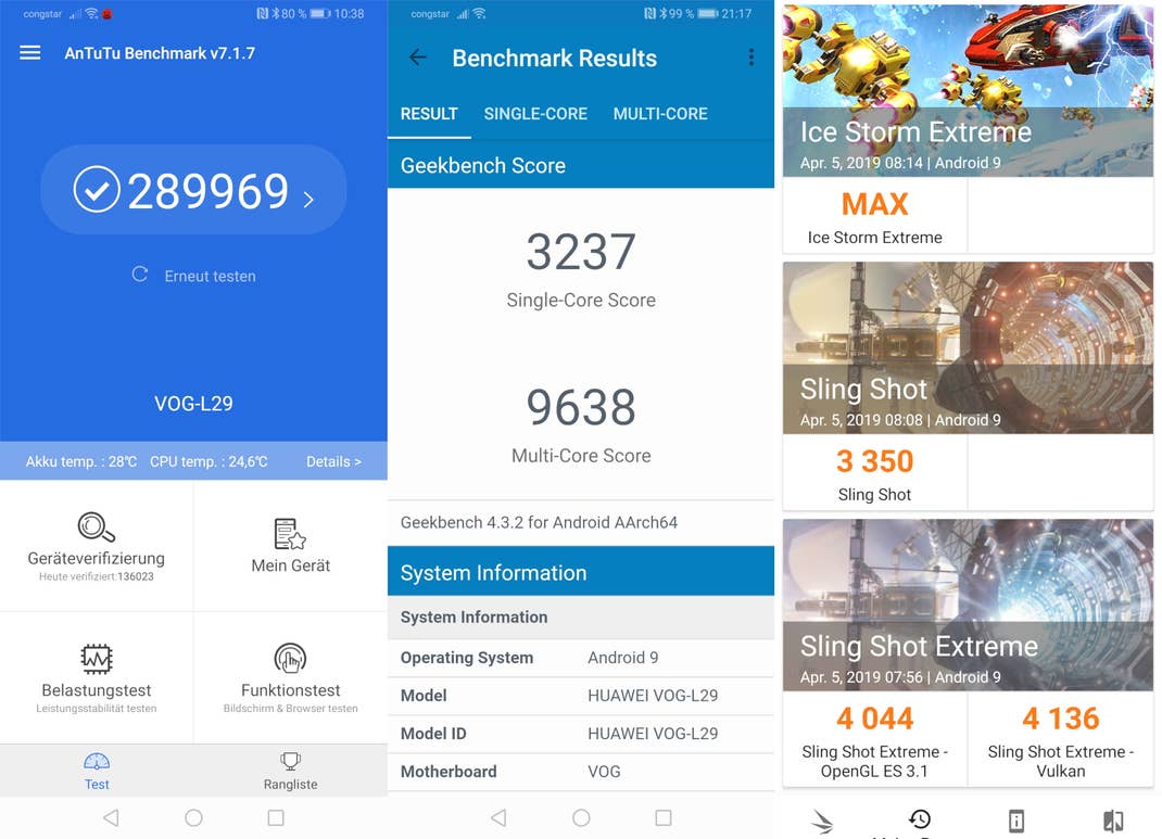 Screenshots von Benchmark-Ergebnissen mit dem Huawei P30 Pro
