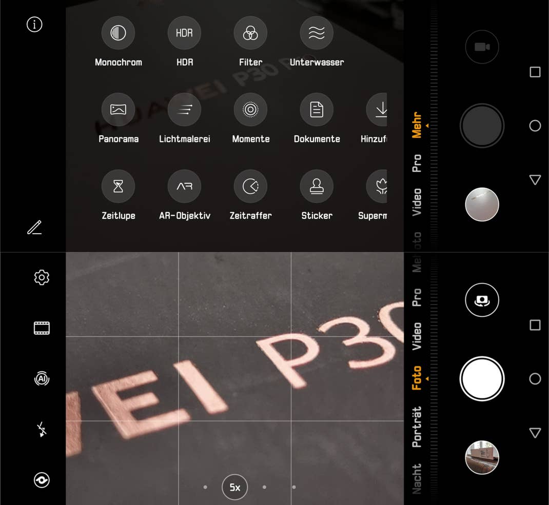 Screenshots der Kamera-App des Huawei P30 Pro