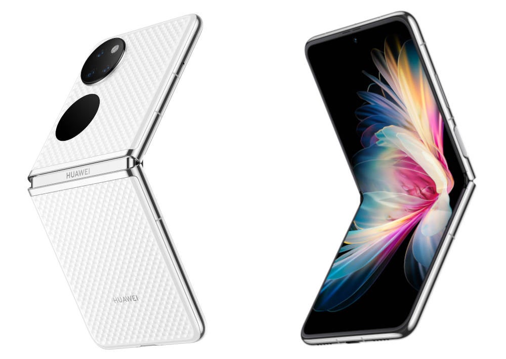 Huawei P50 Pocket geöffnet - Vorderseite und Rückseite.