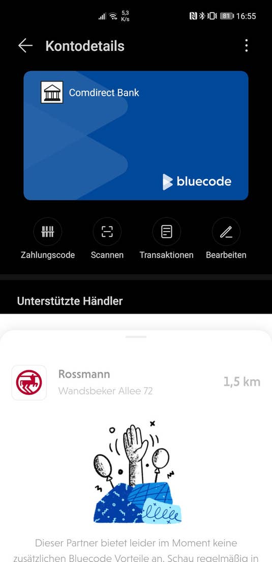 Screenshot der Huawei Wallet mit digitaler Bluecode-Karte