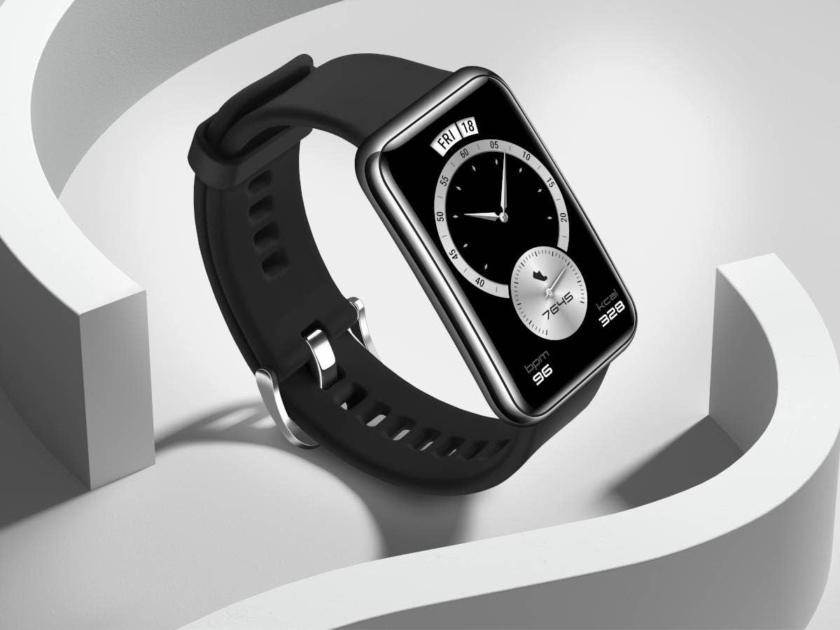 Huawei Watch Fit Elegant Edition in der Frontansicht mit silberfarbenem Rahmen.