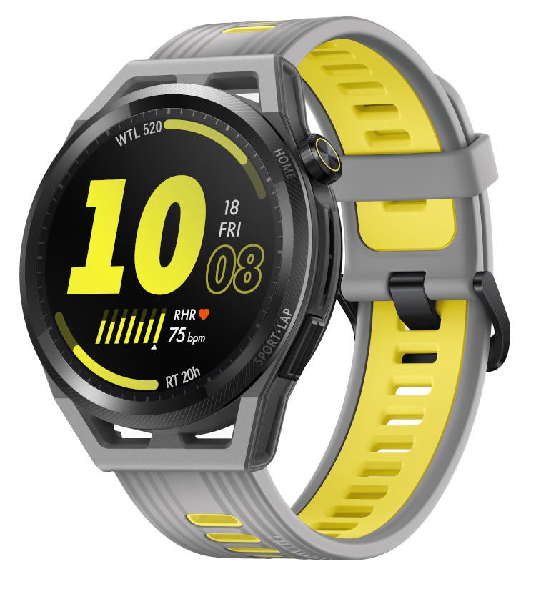 Huawei Watch GT Runner in Grau-Gelb in der Frontansicht.