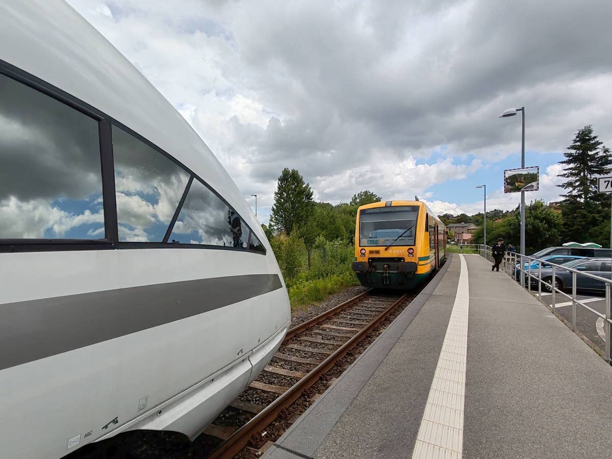 Ein ICE und ein Regionalzug der ODEG stehen sich gegenüber