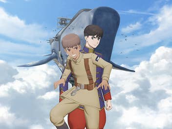 Zwei animierte Charaktere stehen vor einer Kulisse aus Wolken und einem Wal und bewerben eine Netflix-Serie.