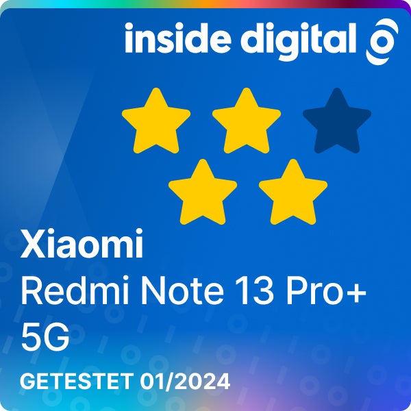 Xiaomi Redmi Note 13 Pro+ 5G Testsiegel mit 4 von 5 Sternen Testwertung