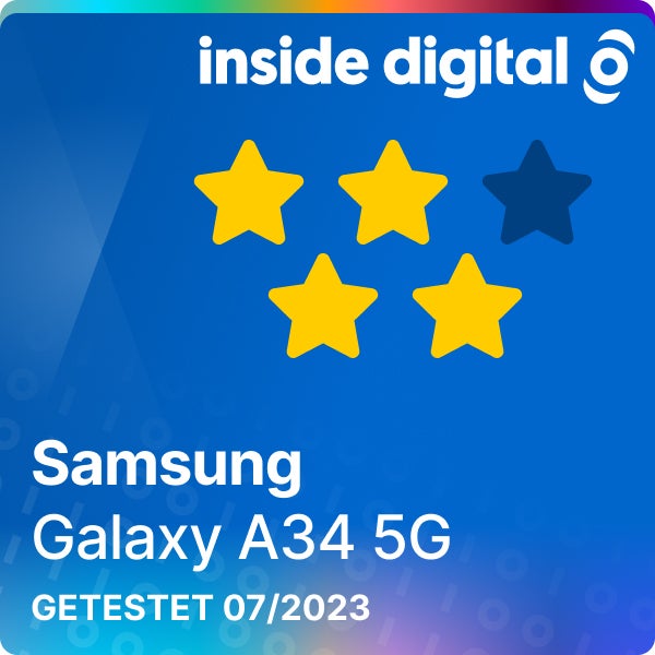 Samsung Galaxy A34 Testsiegel mit 4 von 5 Sternen