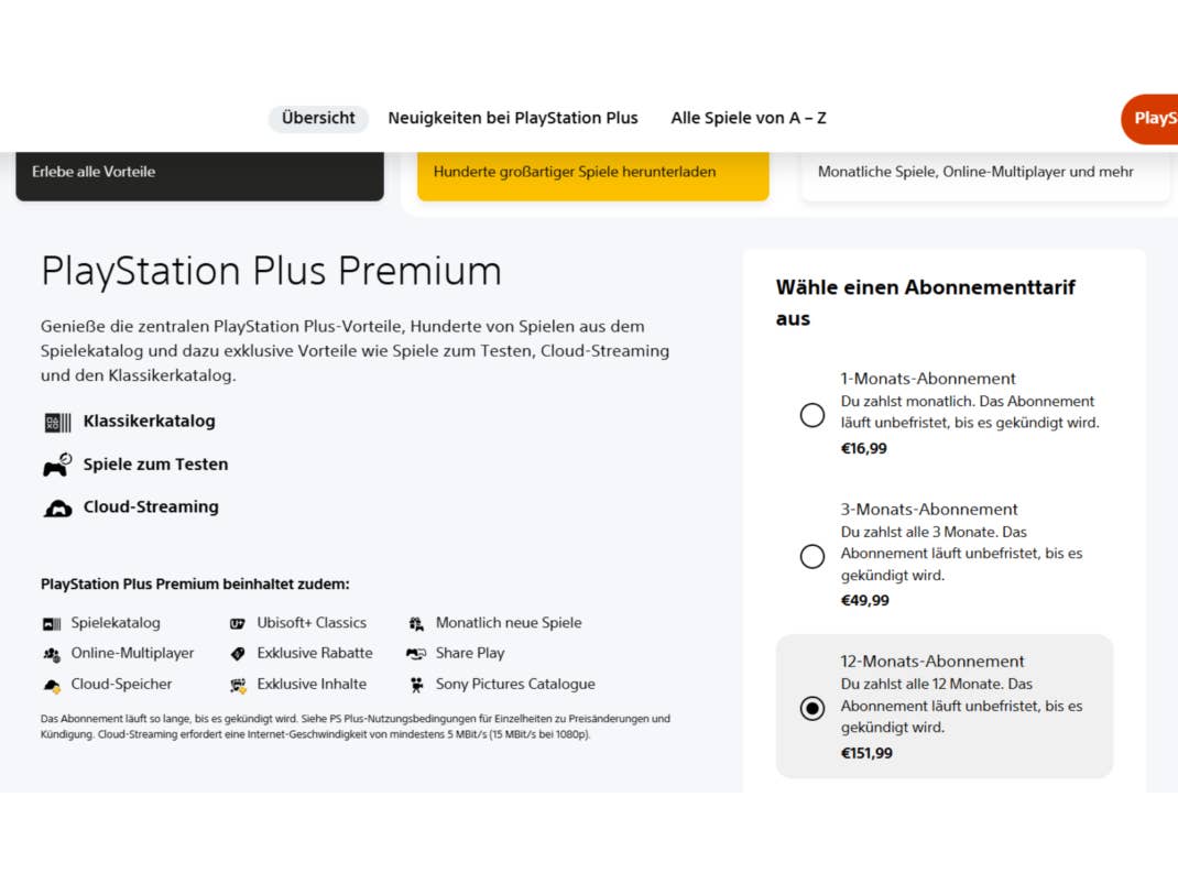 PlayStation Plus Premium-Abonnementoptionen mit Details zu Vorteilen und Preisen.