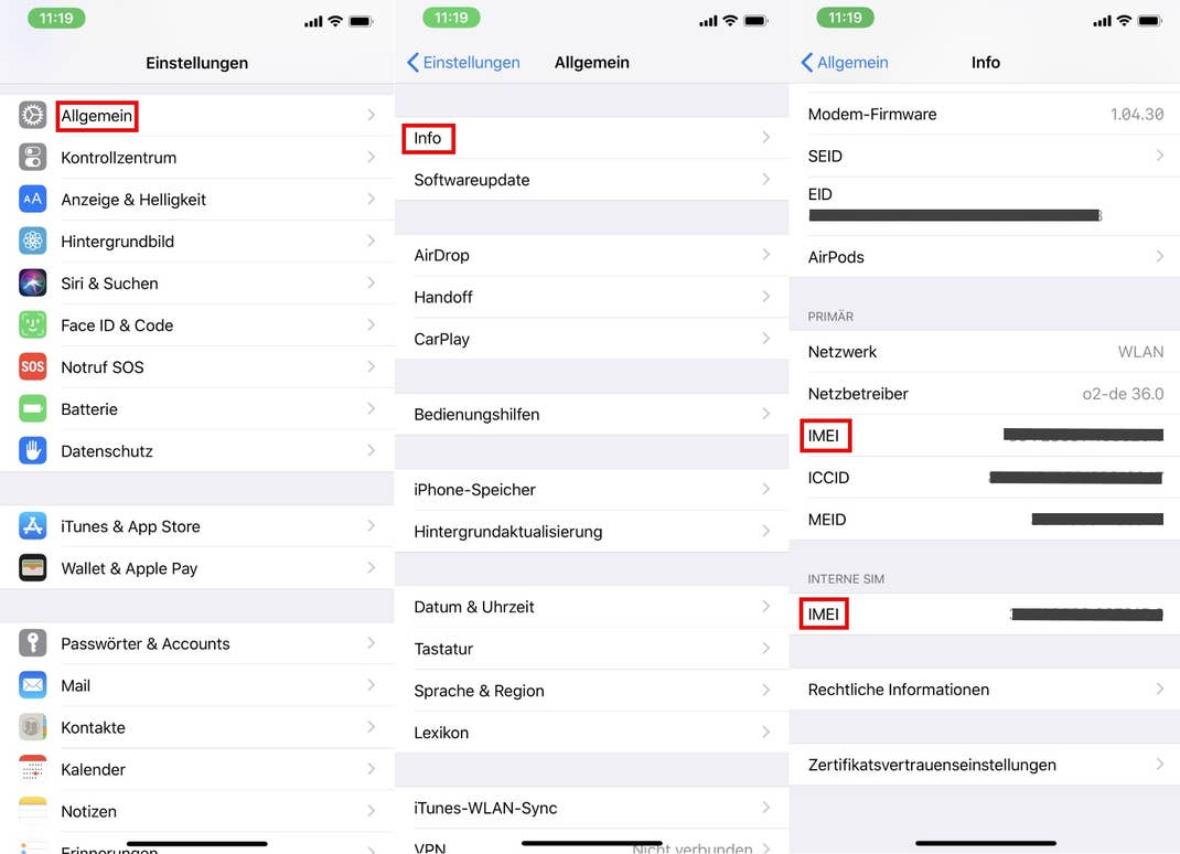 In den Einstellungen von iOS lässt sich die IMEI-Nummer finden.