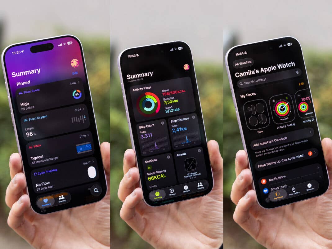 Drei Smartphones zeigen Apple Watch-Zusammenfassungsbildschirme mit Aktivitäts- und Gesundheitsdaten.