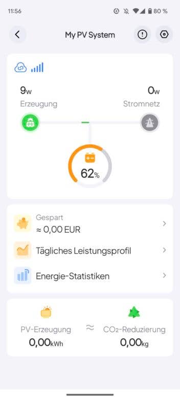 In der Bluetti-App sieht man unter anderem die Stromerzeugung in Echtzeit und den Ladestand der Powerstation