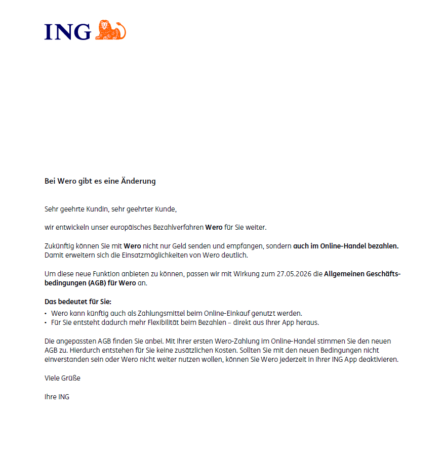 ein Brief der ING an ihre Kunden