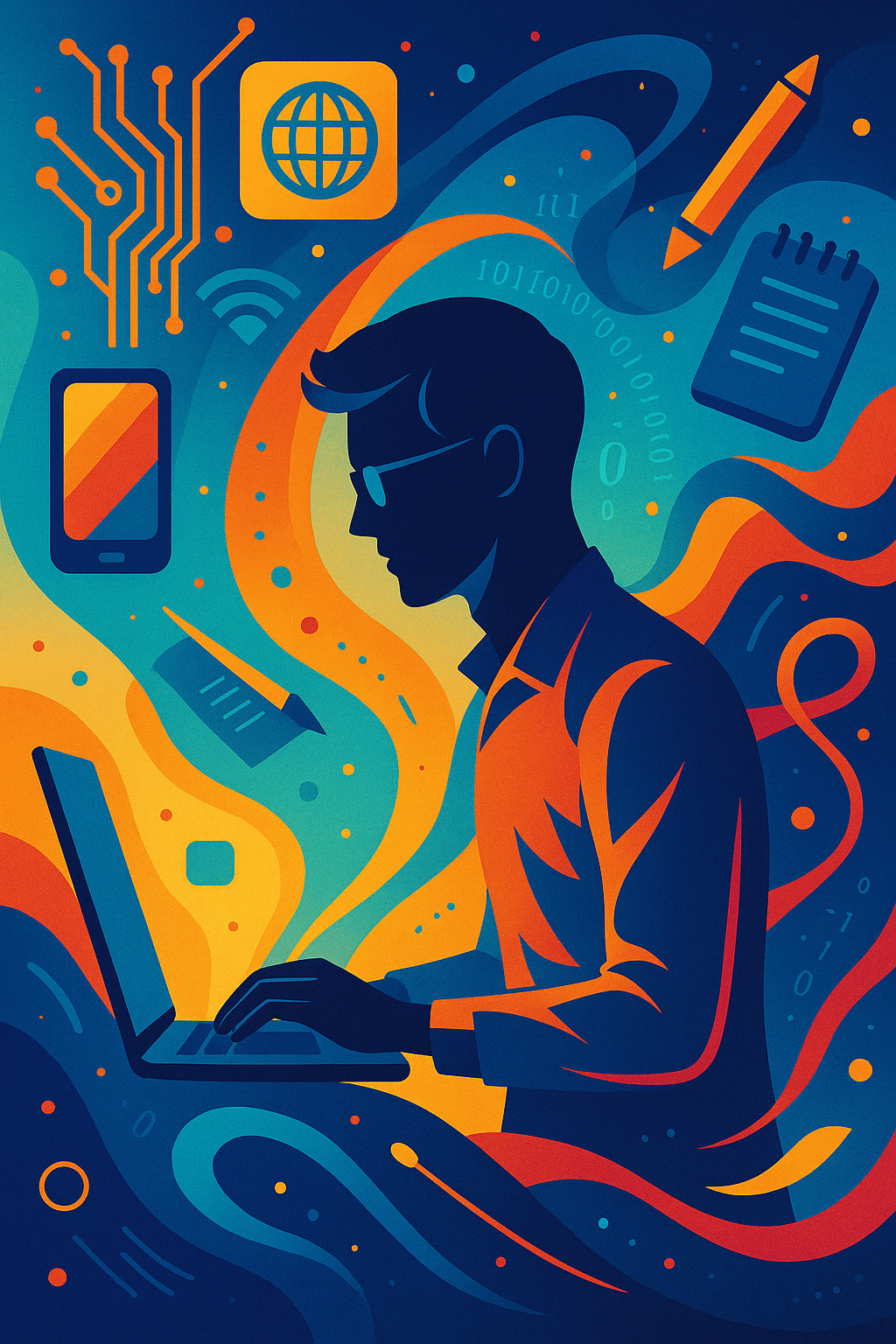 Eine Silhouette einer Person, die an einem Laptop arbeitet, umgeben von digitalen Symbolen und Wellen, die Technologie darstellt.