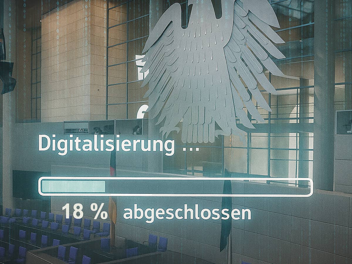 Fortschritt der Digitalisierung bei 18%, angezeigt mit einem deutschen Adleremblem im Plenarsaal des Bundestags.
