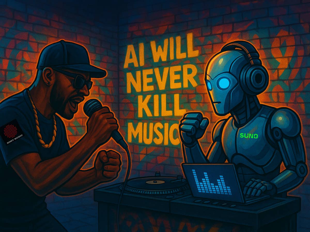 Ein Rapper, der ins Mikrofon spricht, steht einem Roboter-DJ gegenüber, der einen Laptop mit der Aufschrift 'SUNO' hat. Hintergrundtext: 'KI WIRD DIE MUSIK NIE TÖTEN!'