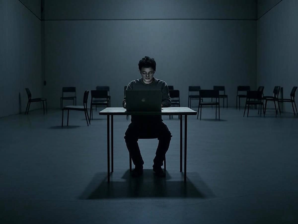 Eine Person sitzt allein an einem Tisch mit einem Laptop in einem dunklen, leeren Raum.