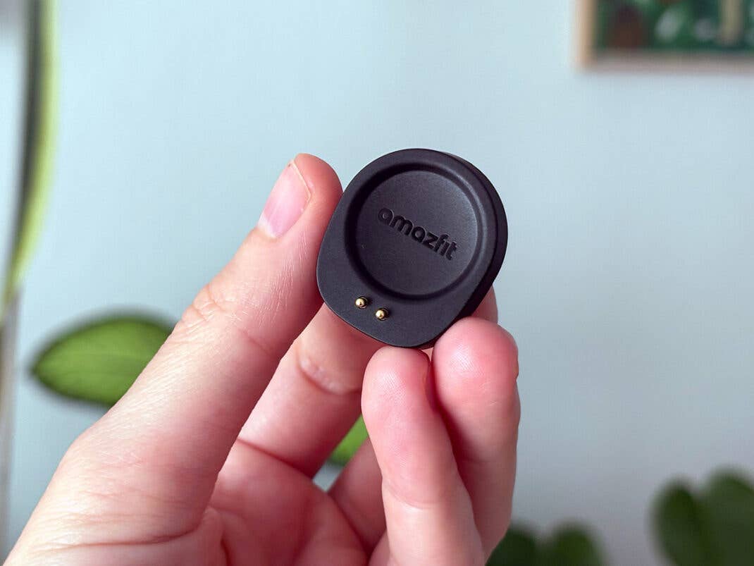 Eine Person hält ein Amazfit Helio-Armbandteil mit einer grünen Pflanze im Hintergrund.
