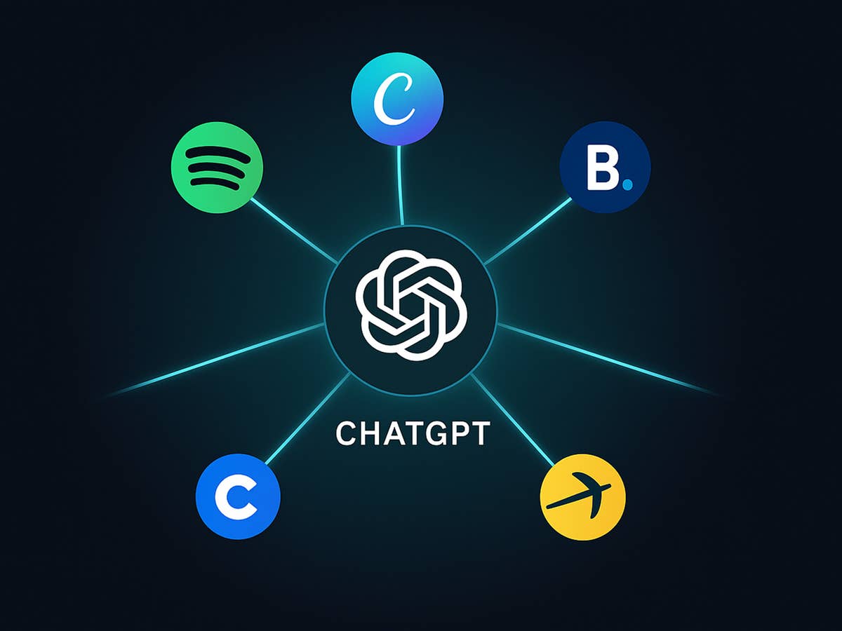 Eine Grafik, die ChatGPT in der Mitte zeigt, umgeben von Logos von Spotify, Reisen und verschiedenen Diensten.