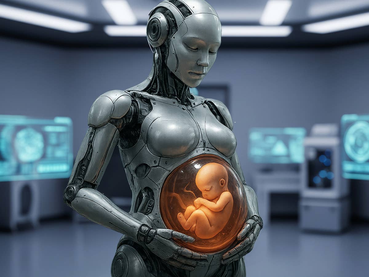 Ein Roboter mit transparentem Babybauch trägt ein menschliches Embryo in sich und steht in einer Laborumgebung