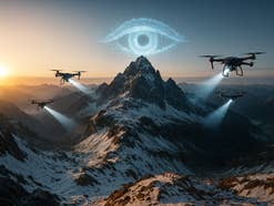 Drohnen fliegen über einen schneebedeckten Berg bei Sonnenuntergang, mit einem leuchtenden KI-Auge darüber.