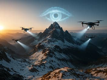 Drohnen fliegen über einen schneebedeckten Berg bei Sonnenuntergang, mit einem leuchtenden KI-Auge darüber.
