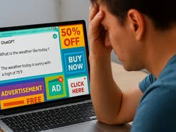 Ein Mann sieht gestresst aus, während er einen Laptop benutzt, der eine ChatGPT-Werbung mit 50% Rabatt anzeigt.
