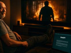 Ein Mann sitzt auf einer Couch mit hochgelegten Füßen und lächelt in die Kamera, während ein Laptop 'ChatGPT' zeigt.