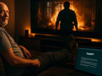Ein Mann sitzt auf einer Couch mit hochgelegten Füßen und lächelt in die Kamera, während ein Laptop 'ChatGPT' zeigt.