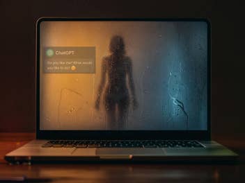 Ein nebliger Laptop-Bildschirm mit der Silhouette einer Person und einer ChatGPT-Nachricht, die fragt: 'Magst du mich? Was möchtest du tun?'