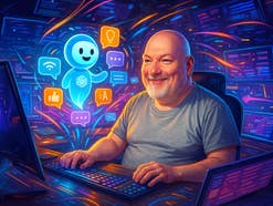Casi am Computer interagiert mit einem leuchtenden ChatGPT-Charakter inmitten bunter digitaler Elemente.