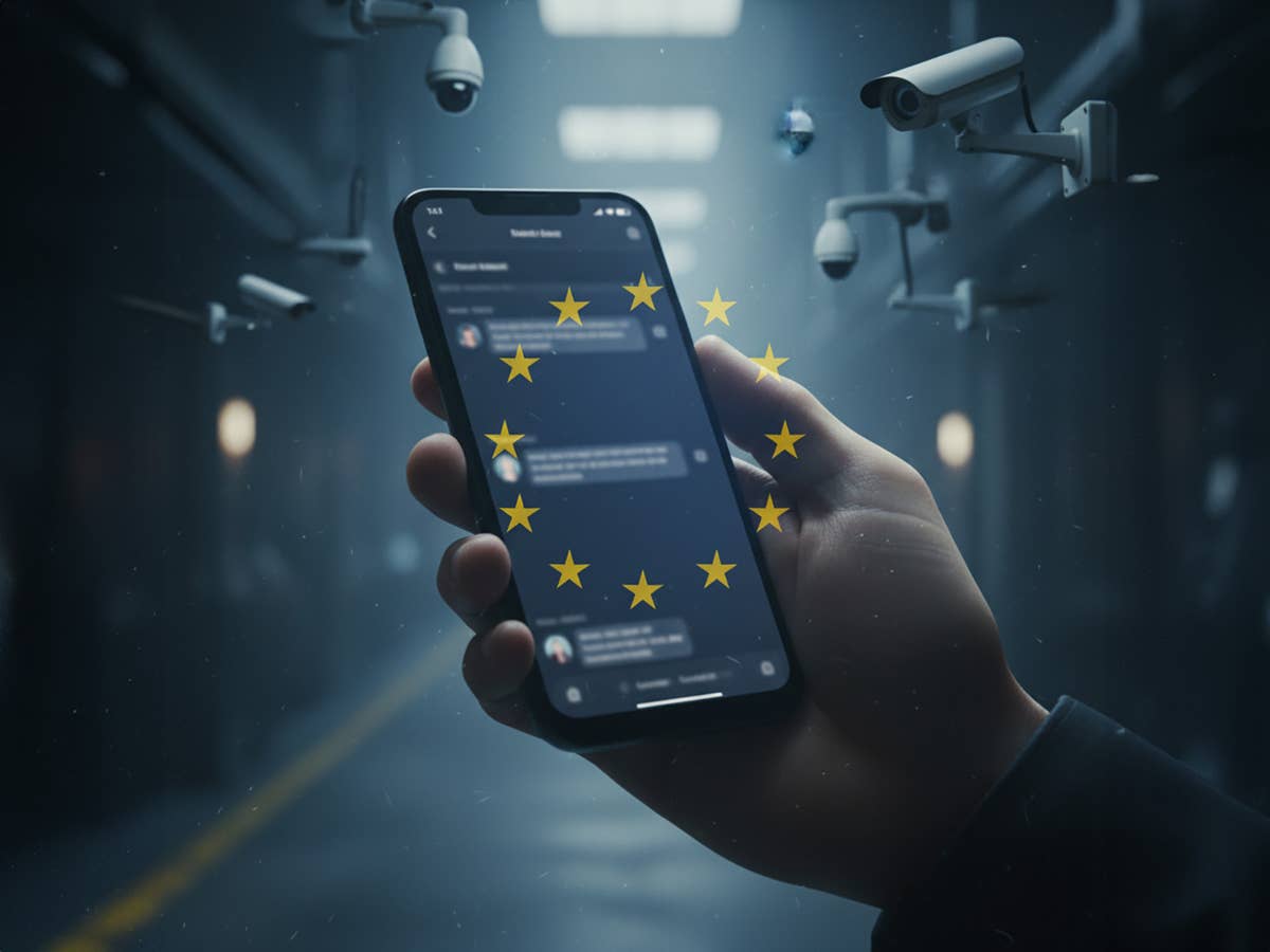 Eine Hand hält ein Smartphone mit Nachrichten, umgeben von Überwachungskameras und EU-Sternen.