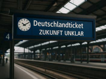 Ein Bahnsteig an einem deutschen Bahnhof. Auf der Anzeige steht: Deutschlandticket – Zukunft unklar.